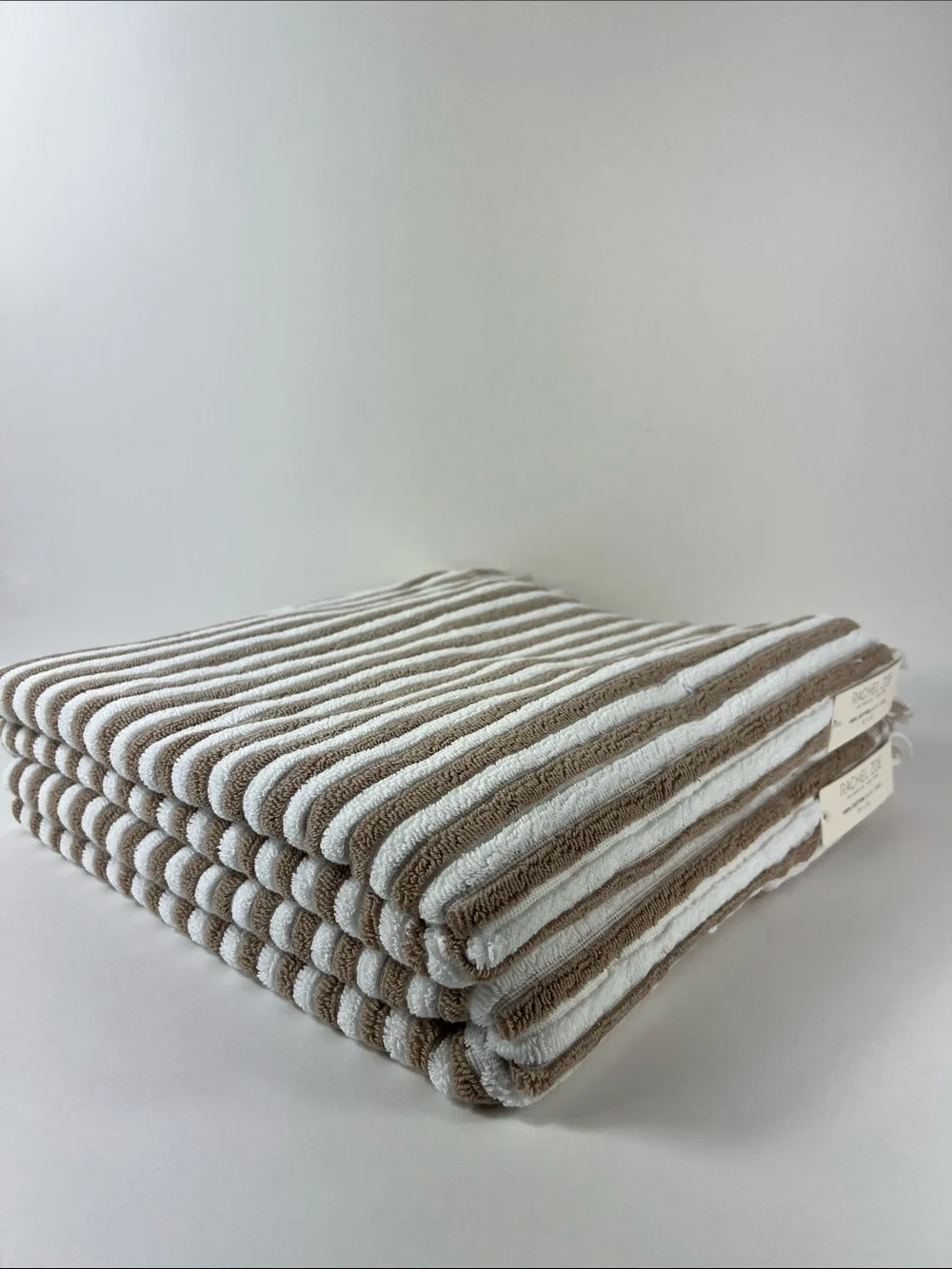 Rachel Zoe Bath Towel Set Tan White Striped with Fringe Soft Cotton 2 Pc NEW